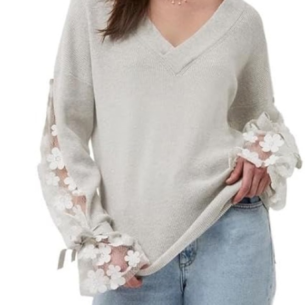 French Connection Cream V-Neck Sweater with Floral Lace